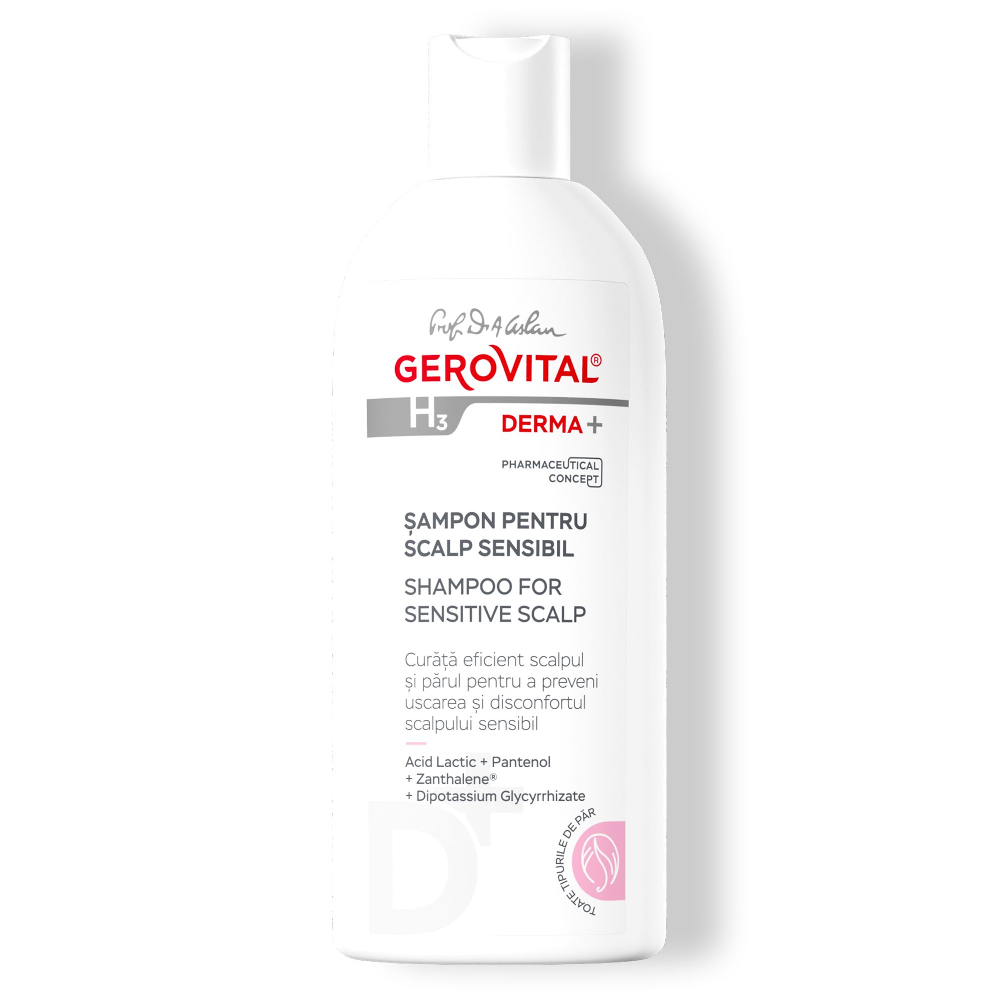 Gerovital Shampoo per cuoio capelluto sensibile. Flacone bianco con tappo bianco. Testo e logo. Derma+.
