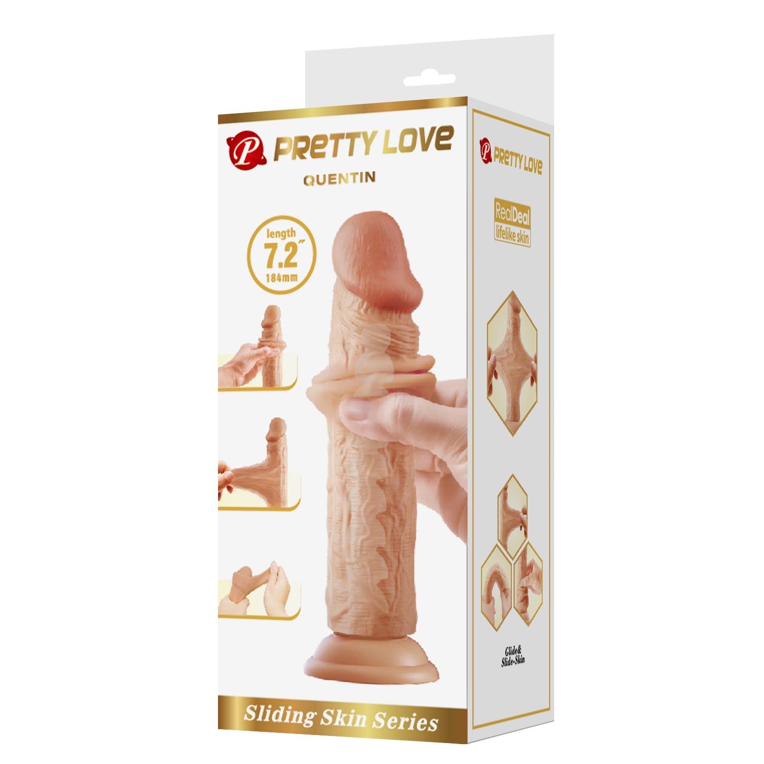 Confezione Pretty Love Quentin. Dildo illustrato, lunghezza 7.2 pollici (18,4 cm).