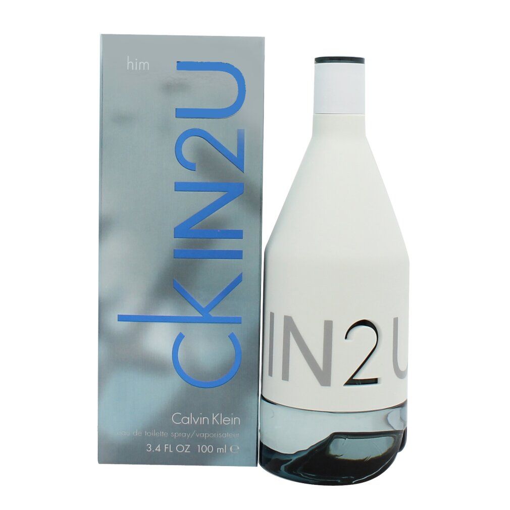 Flacone e scatola CK IN2U him. Flacone bianco, scritta IN2U. Scatola blu-grigio con scritta CKIN2U.
