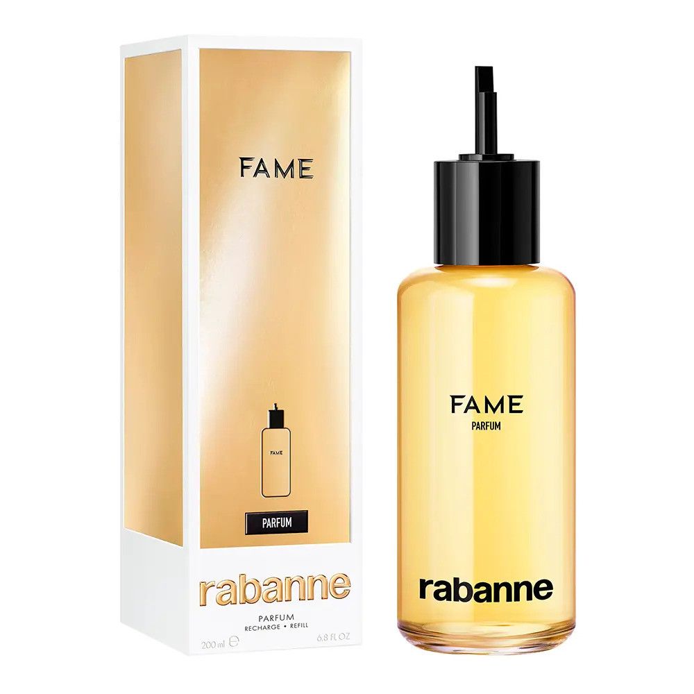 Confezione dorata con immagine del prodotto e scritta "FAME". Accanto, flacone giallo con tappo nero.