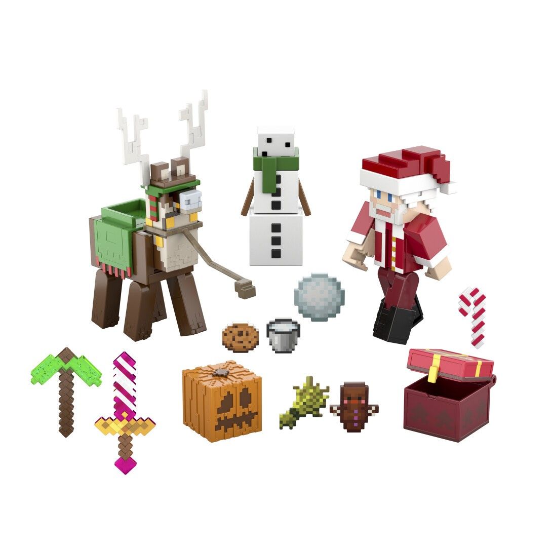 Diverse figure e accessori Minecraft. Include un personaggio renna, un pupazzo di neve, Babbo Natale, un forziere e altri elementi.