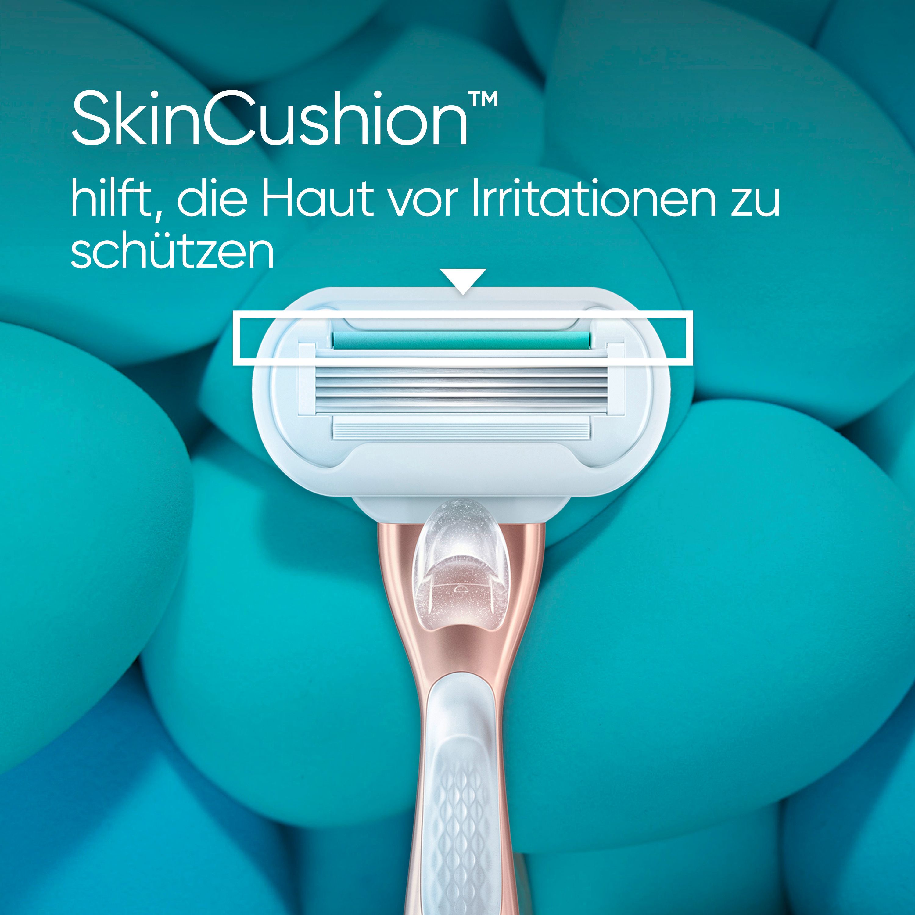 Lametta con SkinCushion. Testo: aiuta a proteggere la pelle dalle irritazioni.