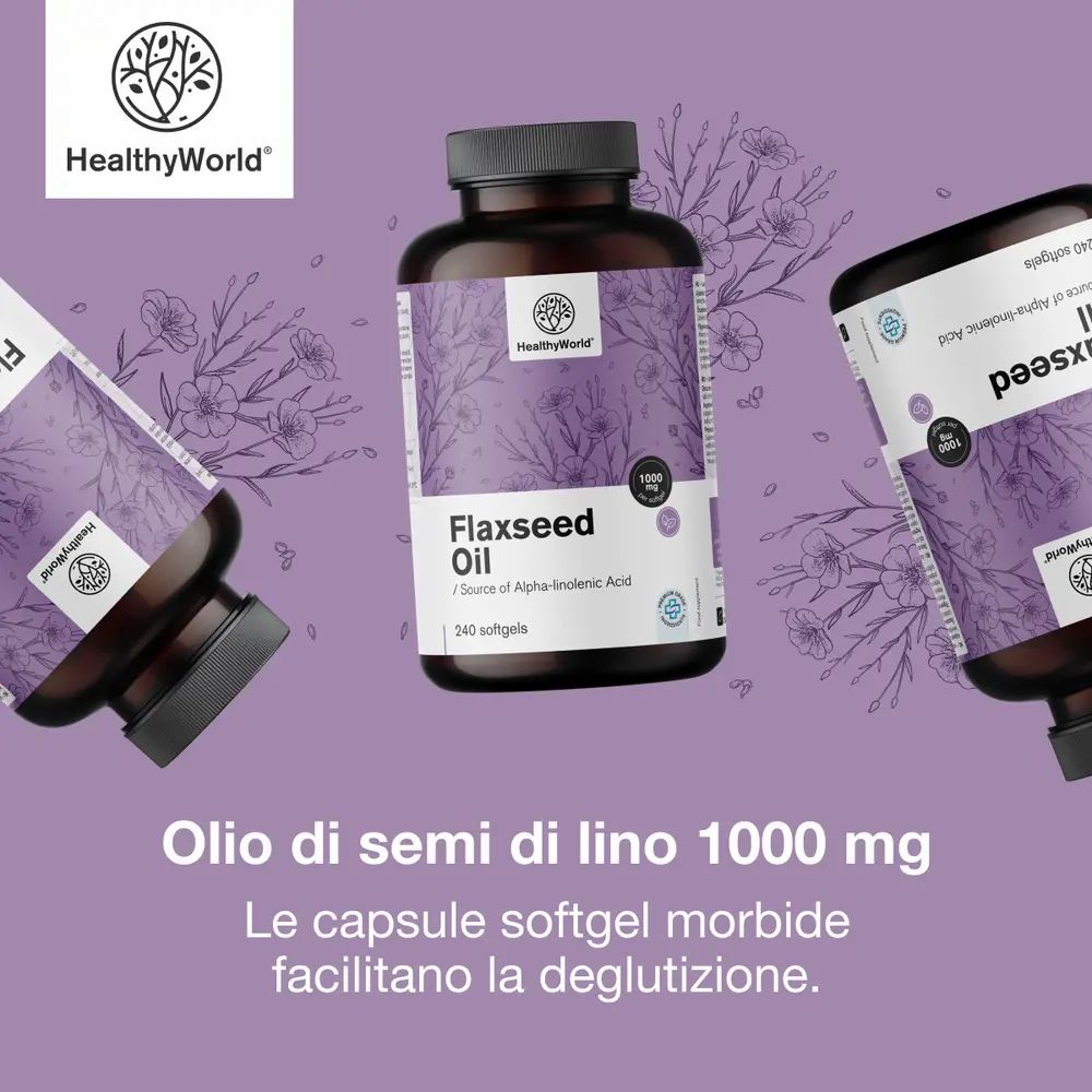 Collage: Bottiglia di olio di semi di lino, icona calendario con 240, testo.