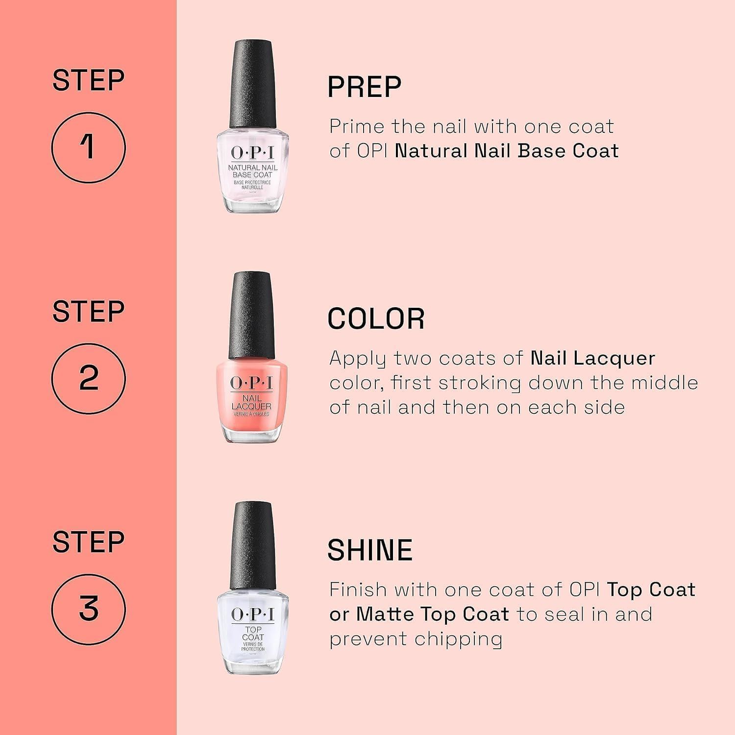Istruzioni per la cura delle unghie con prodotti OPI. Passaggi 1-3: Base Coat, smalto, Top Coat.