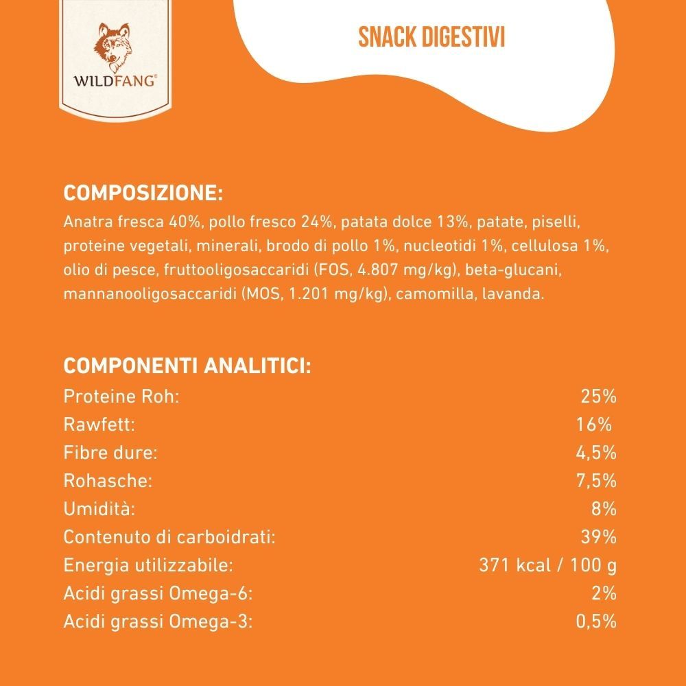 Composizione e componenti analitici di snack per cani. Contiene informazioni su proteine, grassi, fibre e umidità.