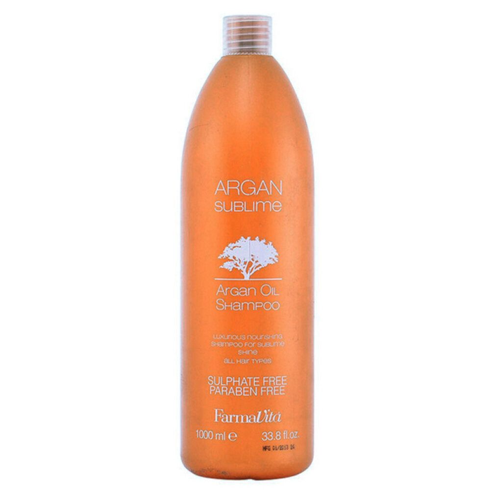 Flacone arancione con etichetta "Argan Sublime Shampoo". Logo albero, testo "Sulphate Free, Paraben Free". Contenuto 1000 ml.
