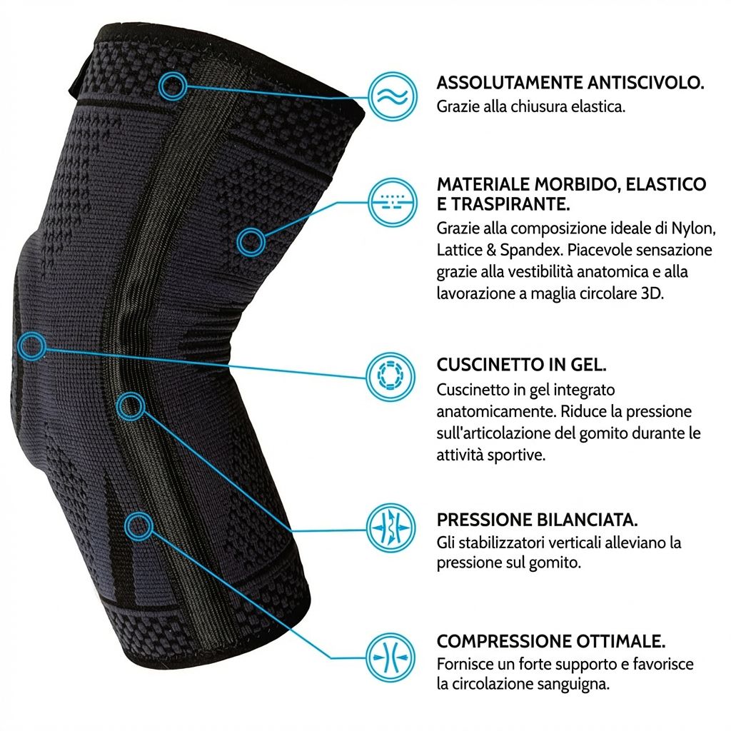 Tutore per gomito nero con segni blu. Testo: ASSOLUTAMENTE ANTISCIVOLO, MATERIALE MORBIDO, ELASTICO E TRASPIRANTE, GELPAD, BALANCE PRESSURE, COMPRESSIONE OTTIMALE.