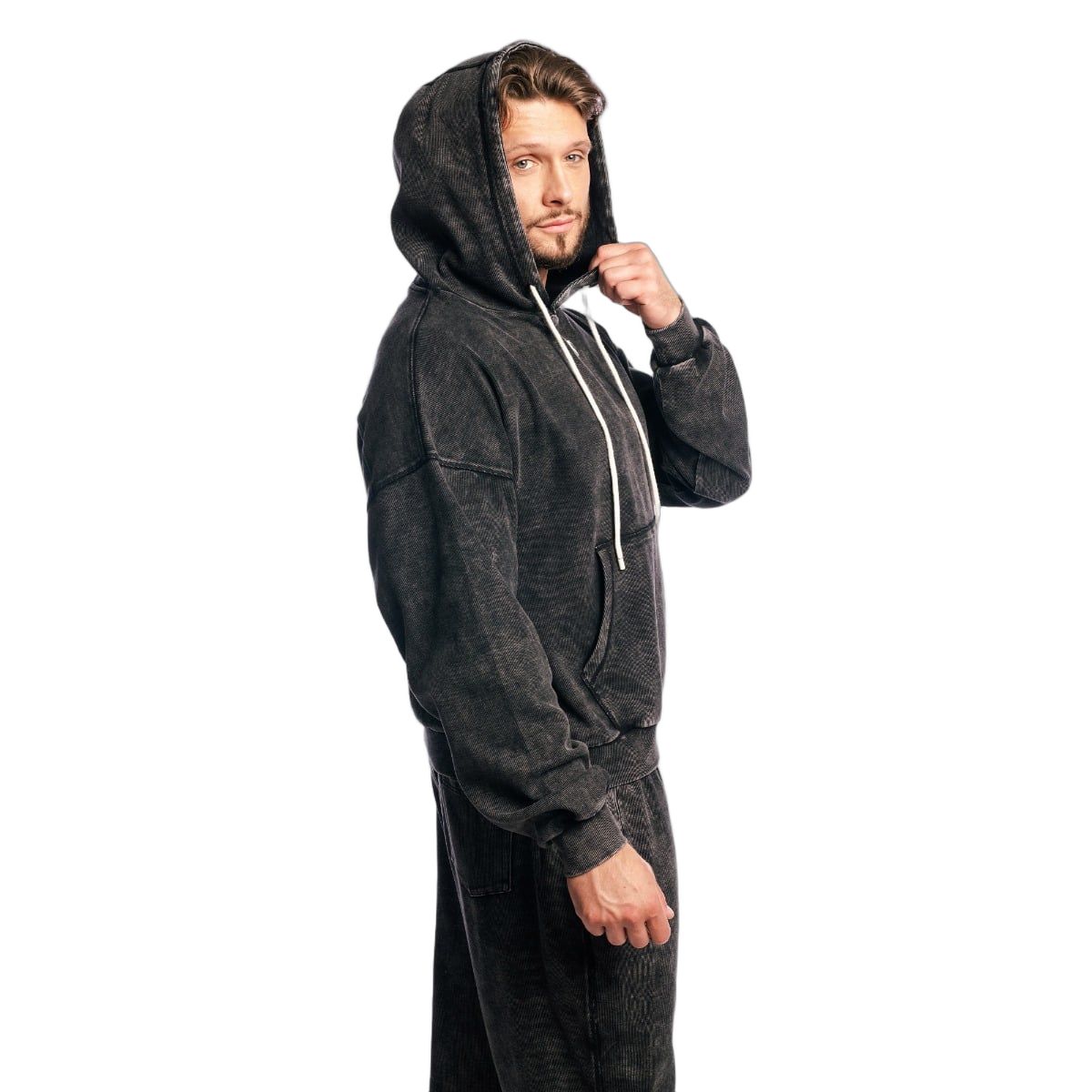 GymBeam Felpa uomo oversize con cappuccio e tasca Aura Washed Black