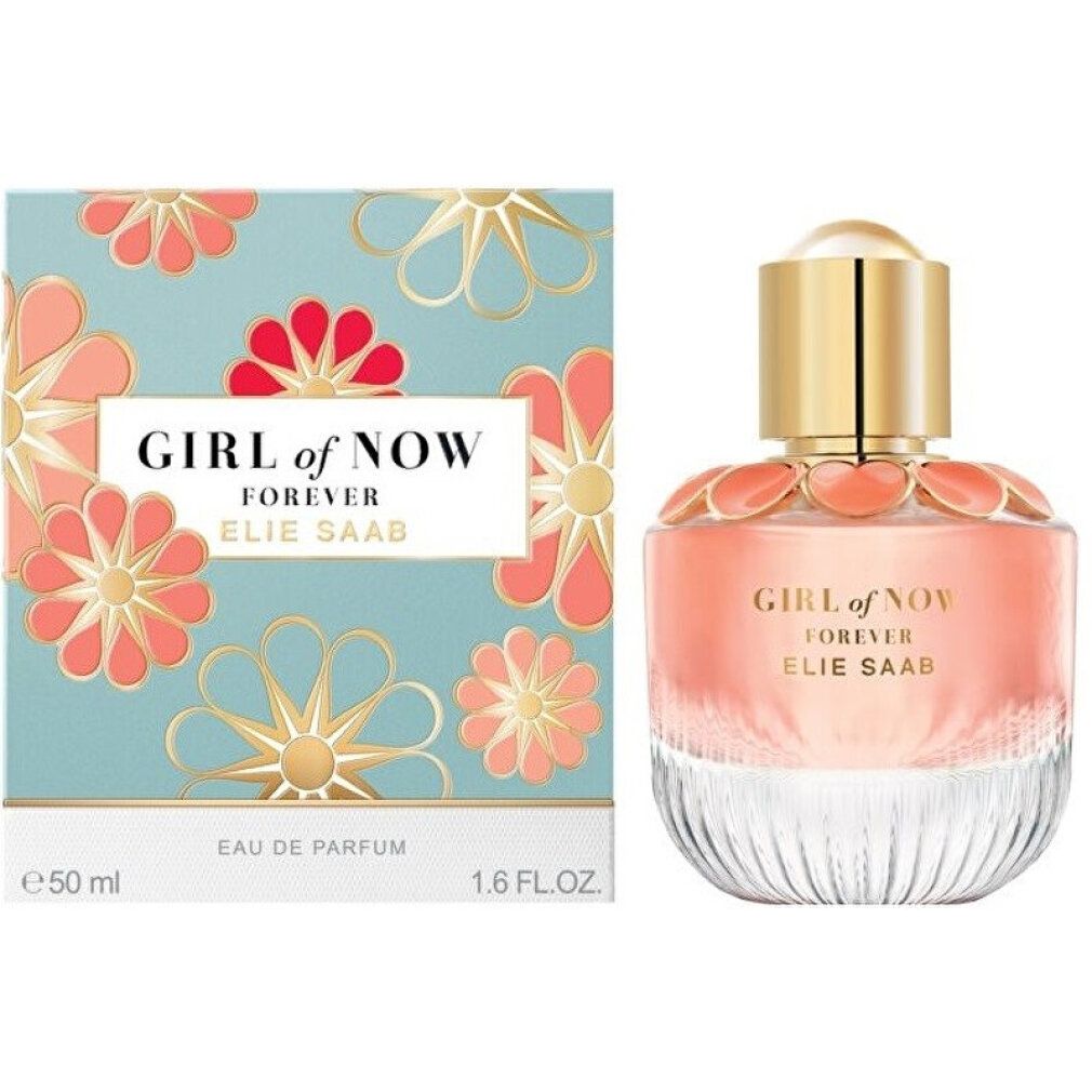Flacone di profumo. Testo: GIRL of NOW FOREVER ELIE SAAB. Flacone con liquido rosa. Chiusura dorata.
