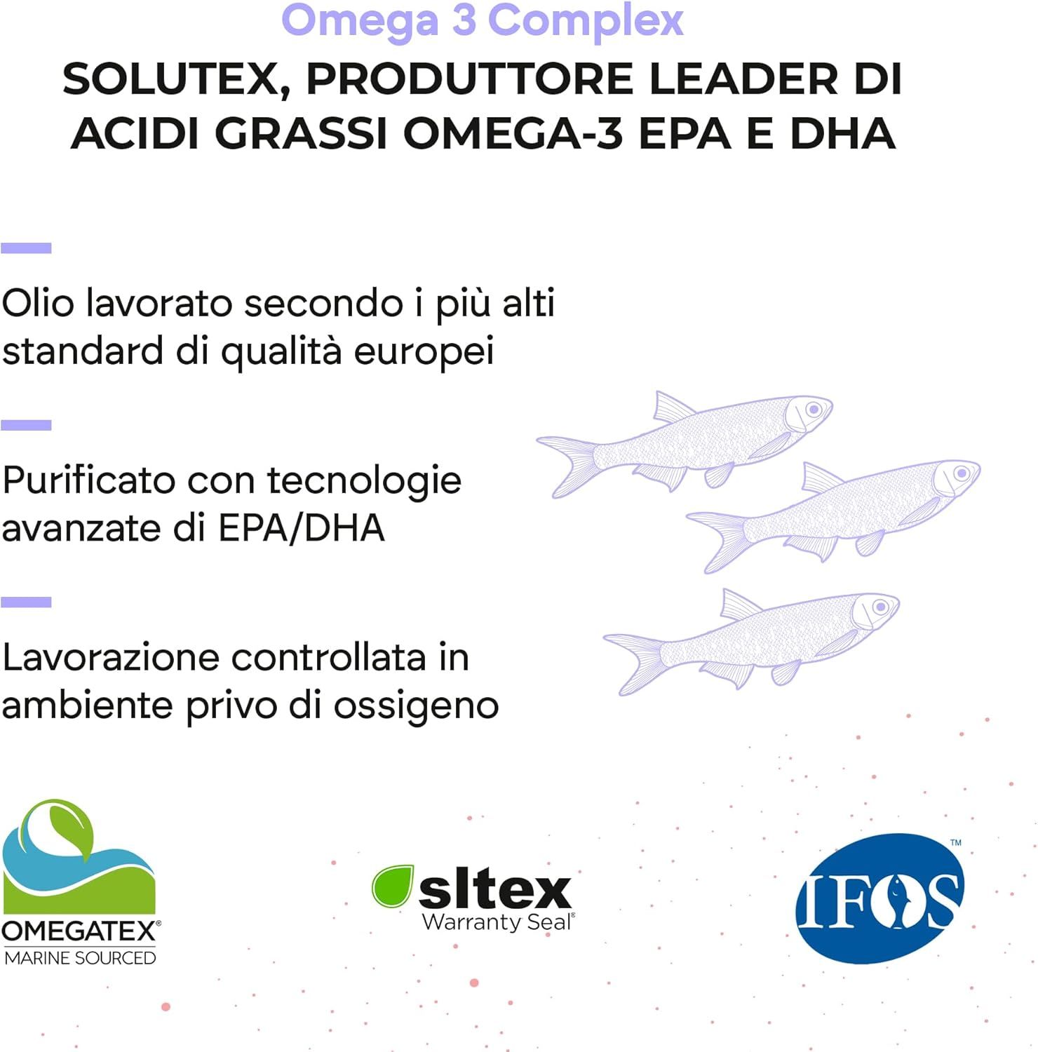 Infografica con illustrazioni di pesci. Testo: Solutex, produttore di acidi grassi omega-3. Sigillo di qualità, sigillo IFOS.