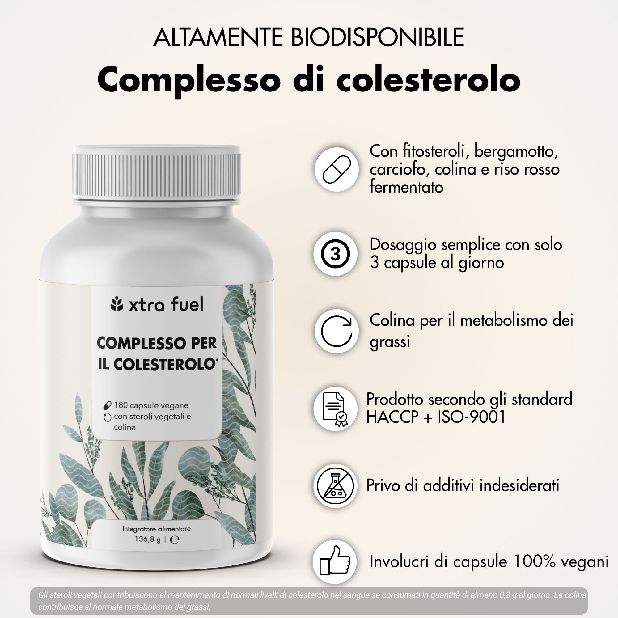 Flacone bianco con etichetta. Testo: Complesso per il colesterolo. 180 capsule vegane. Infografica ingredienti.