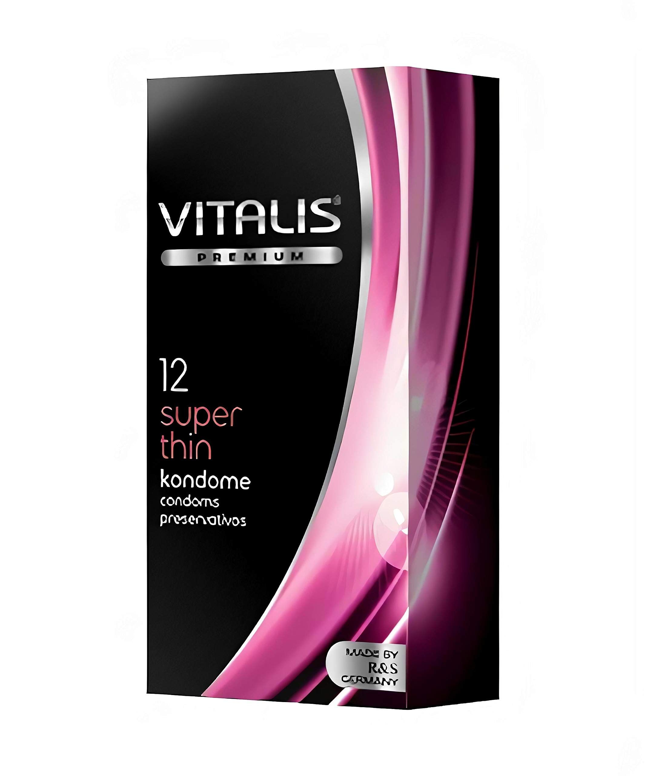 Preservativi Vitalis PREMIUM Super Thin, 12 pezzi. Confezione con "Made by R&S Germany".