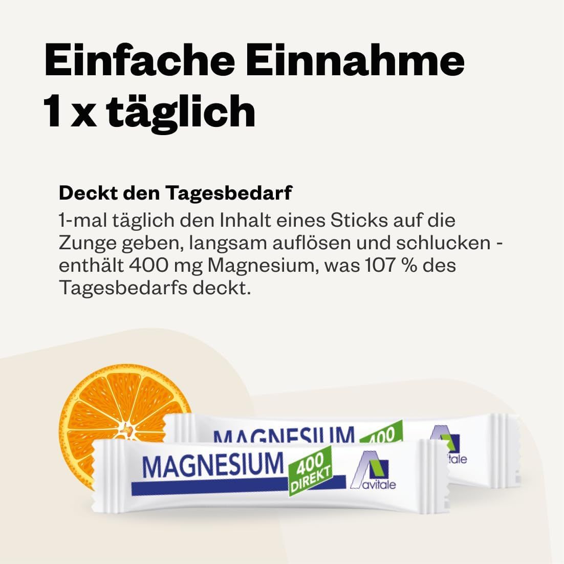 3 stick Avitale Magnesium 400 Direkt Orange. Testo: Assunzione facile 1x al giorno. 400 mg magnesio.