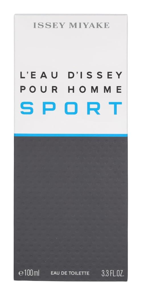 Confezione Issey Miyake L'Eau d'Issey pour Homme Sport. Bianca con testo grigio e blu. SPORT.