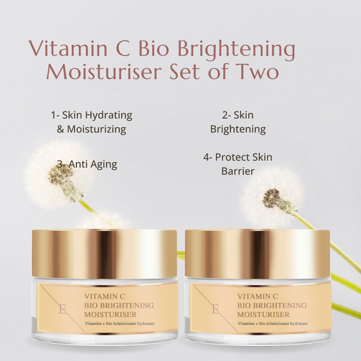 Due vasetti di ErthSkin London Vitamin C Bio Brightening Moisturizer. Testo con benefici. Sfondo con denti di leone.