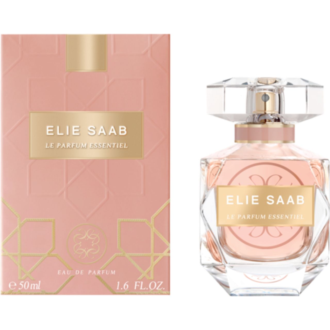 Flacone di profumo e confezione. Scritta: ELIE SAAB, LE PARFUM ESSENTIEL. Confezione rosa con motivi geometrici dorati. Flacone accanto.
