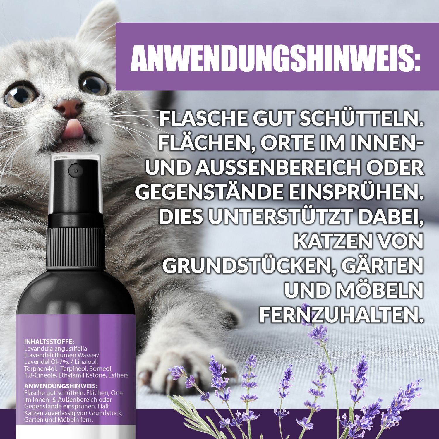 Immagine del prodotto con gattino. Flacone con etichetta viola. Istruzioni per l'uso: spruzzare le superfici. Aiuta a tenere lontani i gatti.
