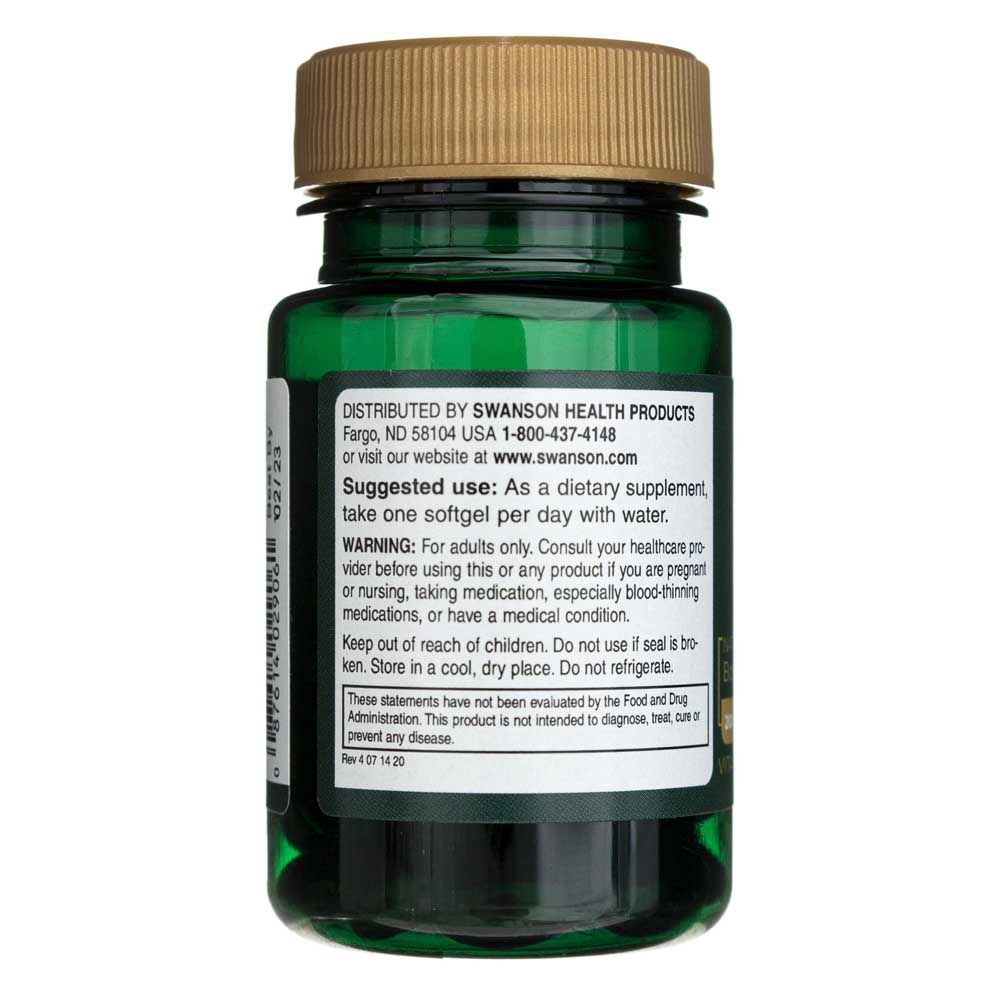 Retro di un flacone verde di Swanson Real Food K2, indirizzo di distribuzione e avvertenze.