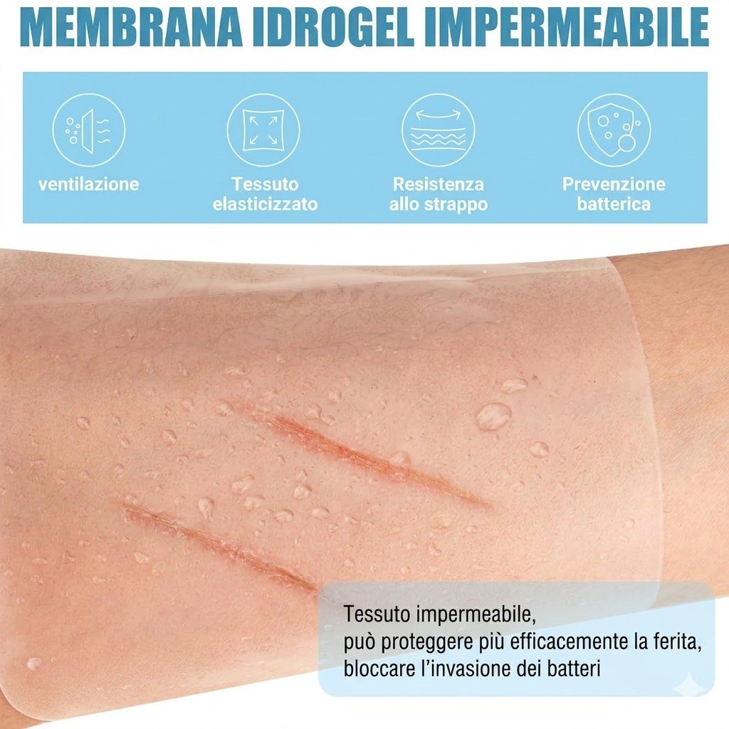 Membrana idrogel impermeabile. Mostra le caratteristiche: traspirante, elastico, resistente, antibatterico.