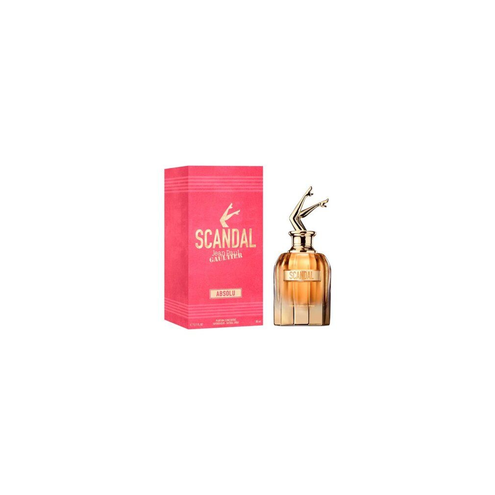 Flacone di profumo con gambe dorate come tappo. Scatola rosa con scritta dorata: SCANDAL ABSOLU. Parfum concentré.