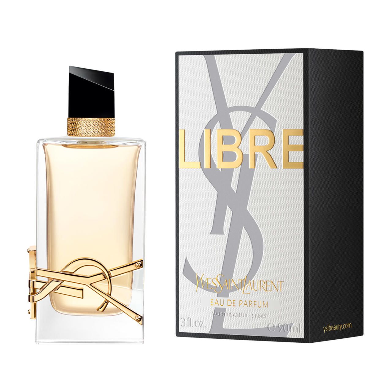 Flacone di profumo e confezione. Flacone con logo dorato, confezione con logo e scritta 'LIBRE'.