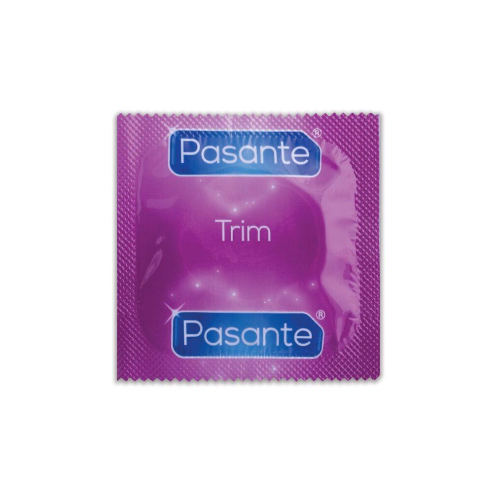 Confezione singola di preservativo. Incarto rosa con marchio Pasante e nome prodotto Trim.