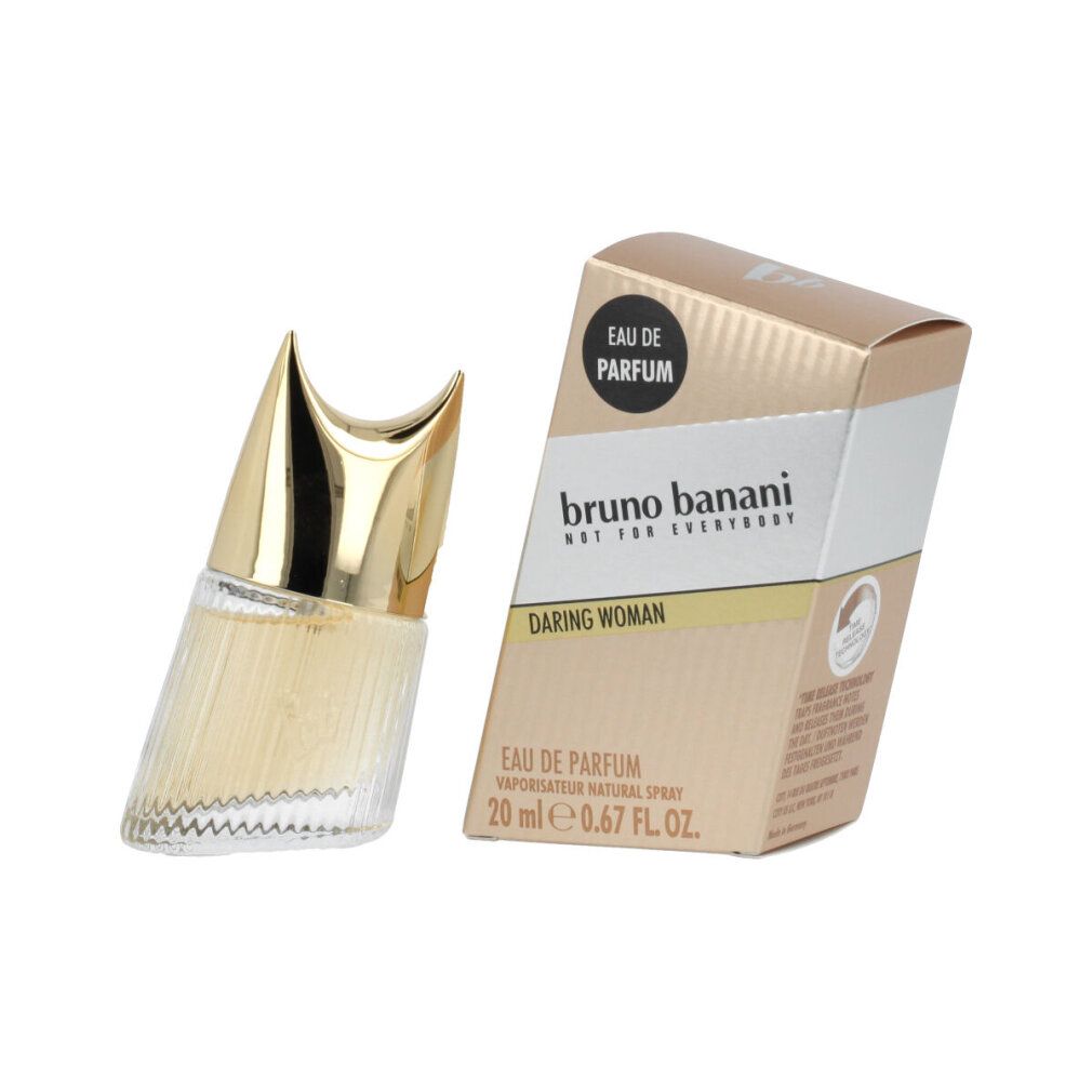 Flacone di profumo e confezione. Tappo dorato, forma inclinata. Scritta: Bruno Banani Daring Woman. Eau de Parfum.