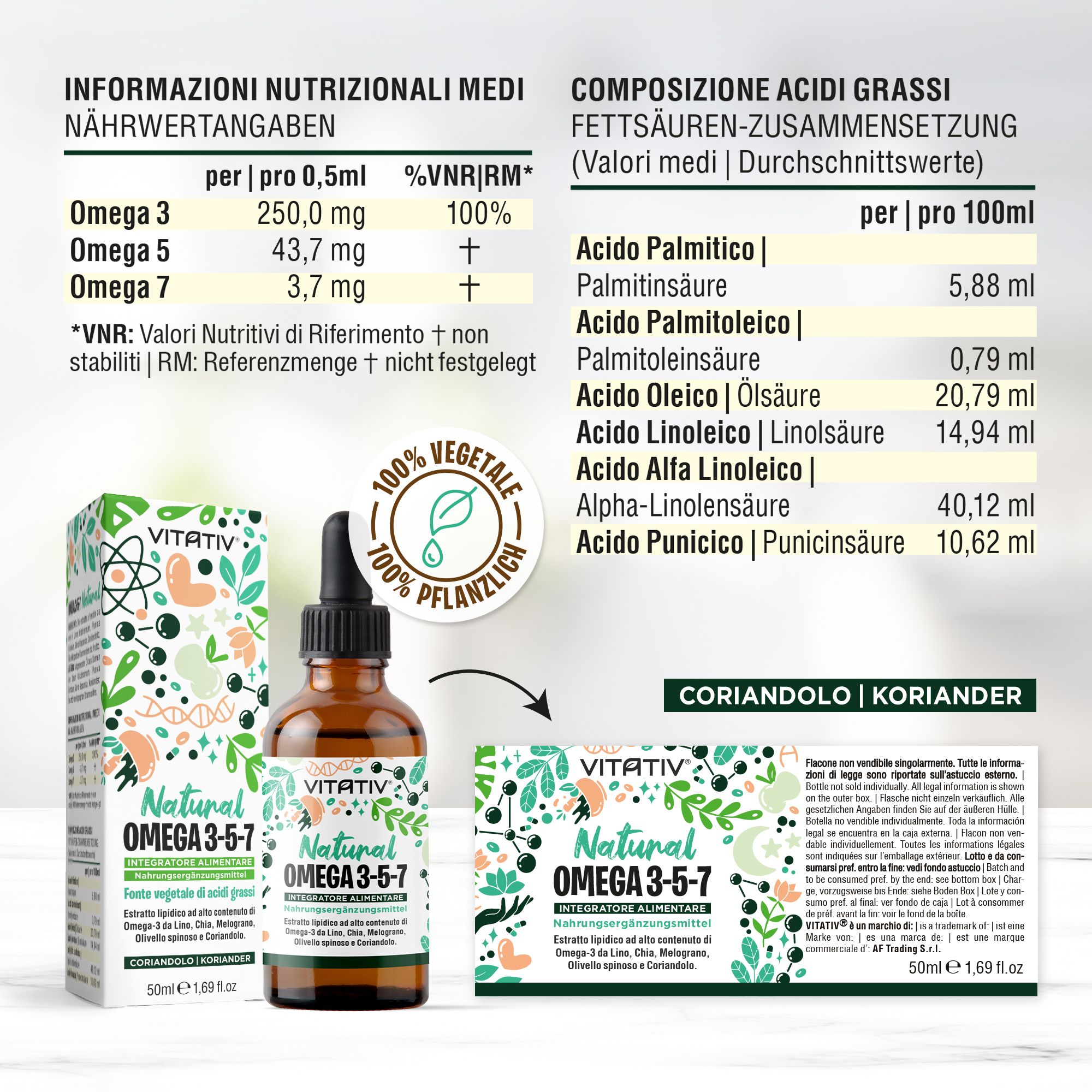 Vitativ® Omega 3-5-7 | Fonte Vegetale Acidi Grassi Omega con Acido Oleico, Linoleico, Alfa Linoleico