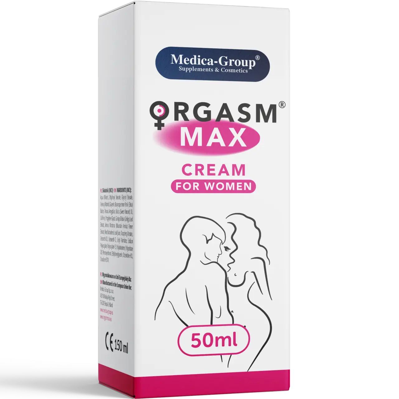 Confezione. Scritta: ORGASM MAX CREAM FOR WOMEN. Logo: Medica-Group. 50ml. Illustrazione: coppia. Marchio CE.
