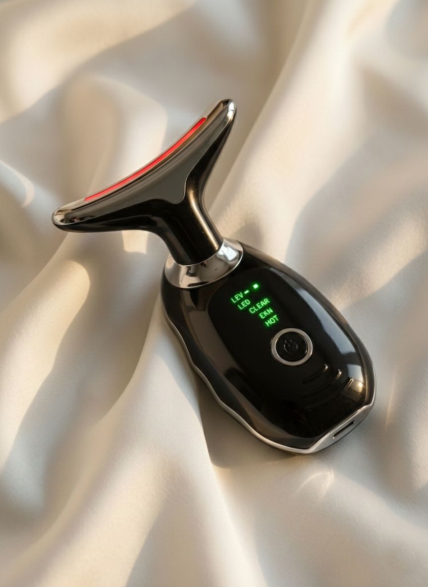 Massaggiatore viso e collo nero con accenti argentati, appoggiato su tessuto bianco. Barra LED rossa in alto, display verde in basso.