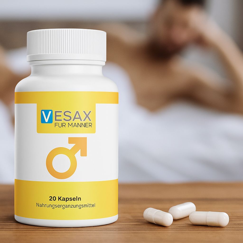 Capsule bianche vicino a un flacone di Vesax per uomini. Scritta: 20 capsule. Confezione giallo-bianca.