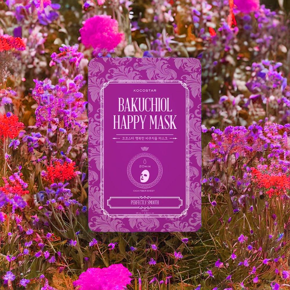 KOCOSTAR Bakuchiol Happy Mask. Confezione viola con motivo floreale, circondata da fiori. Testo: Bakuchiol Happy Mask, 20min, Cica Fiber Sheet.