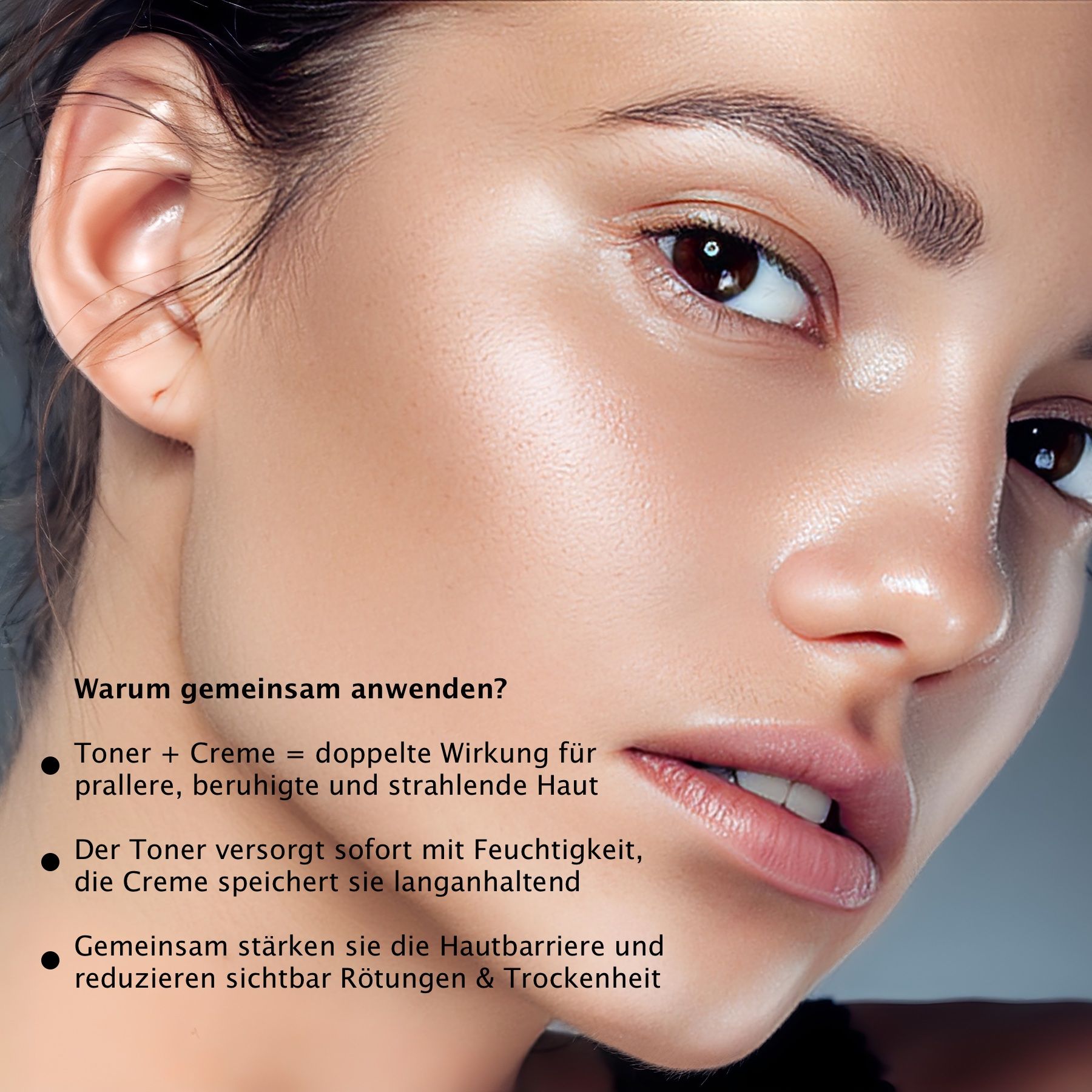 Ritratto di una donna con pelle luminosa. Testo: Perché usare insieme? Testo su tonico e crema. Marchio: Cosrx.