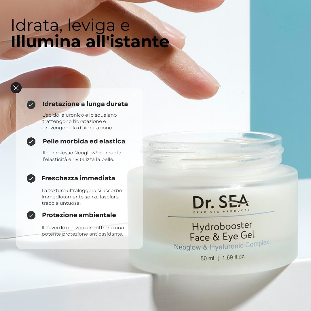 Vasetto di prodotto con testo. Testo: Idrata, leviga e illumina all'istante. Dr. SEA Hydrobooster.