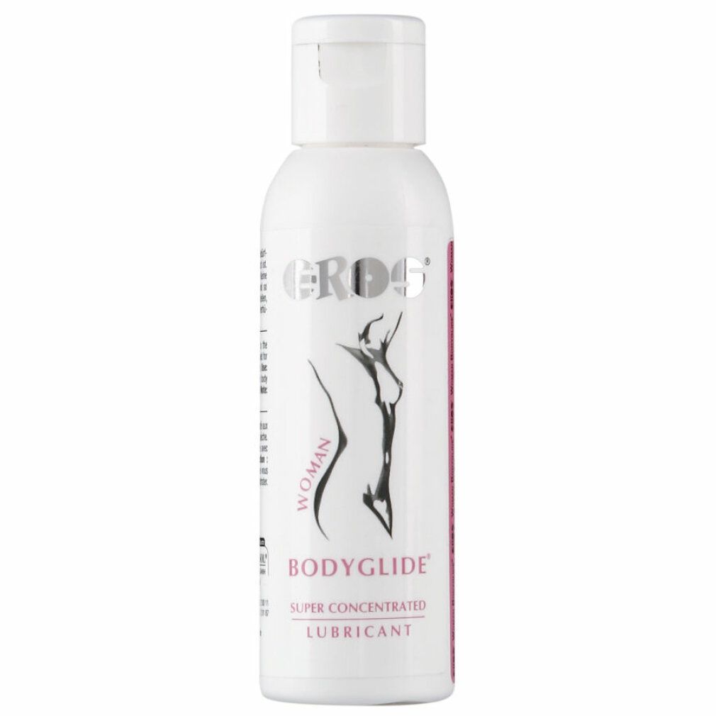 Flacone bianco con tappo a ribalta. Scritta EROS, BODYGLIDE, WOMAN, SUPER CONCENTRATED LUBRICANT. Figura femminile.