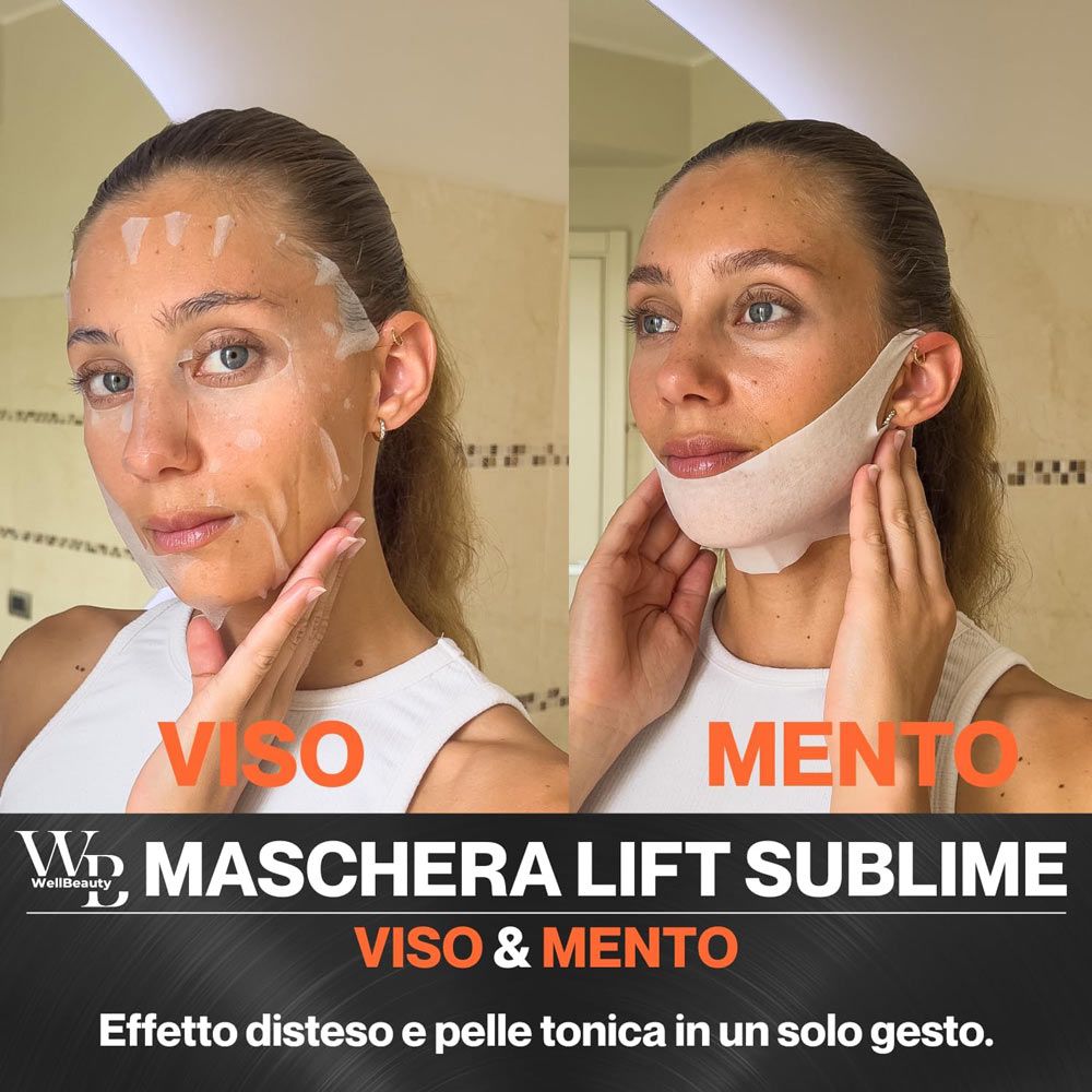 Donna con maschera viso. Maschera su viso e mento. Testo: Maschera Lift Sublime. Logo WellBeauty.