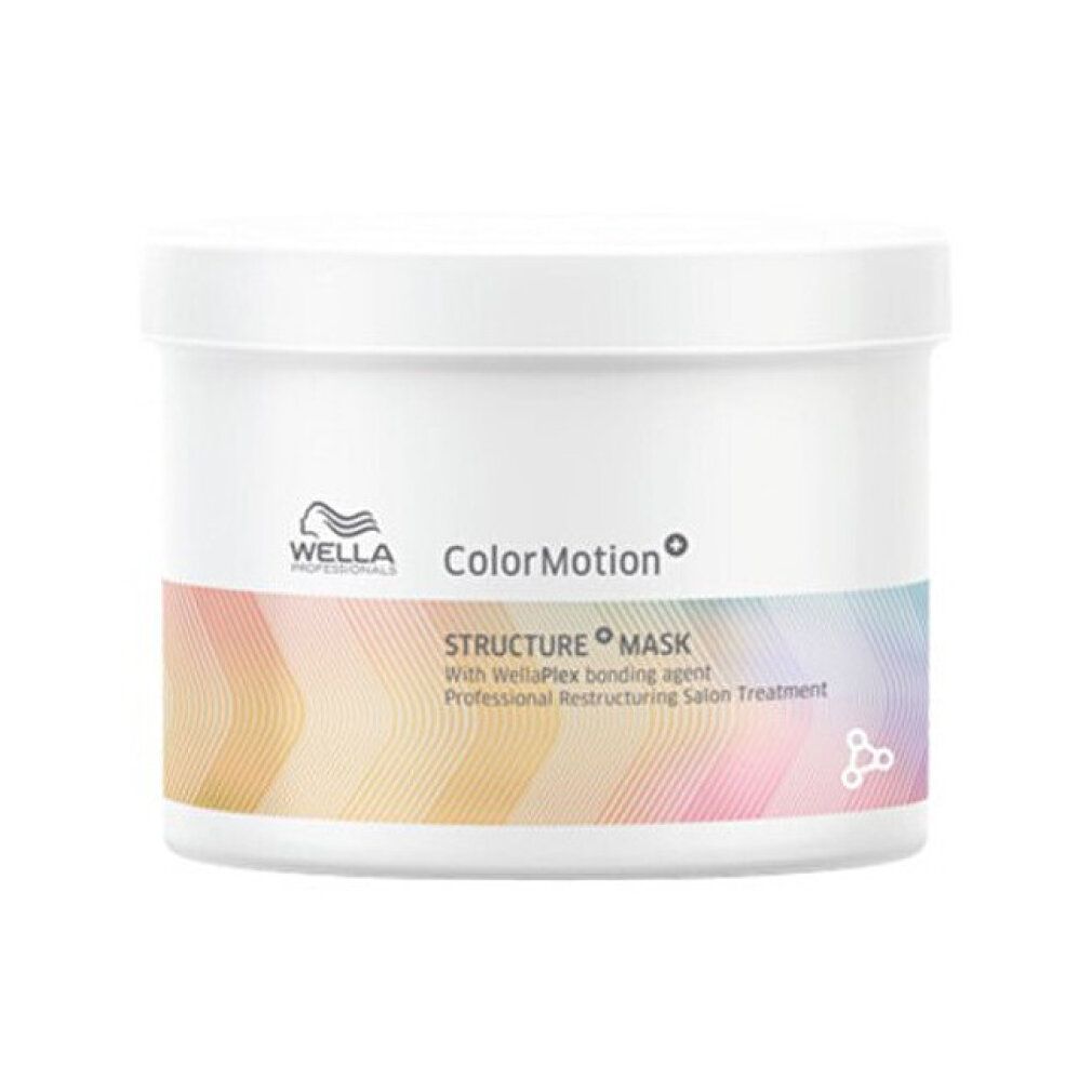 Vaso bianco con striscia colorata. Scritta: Wella ColorMotion+ Structure Mask.
