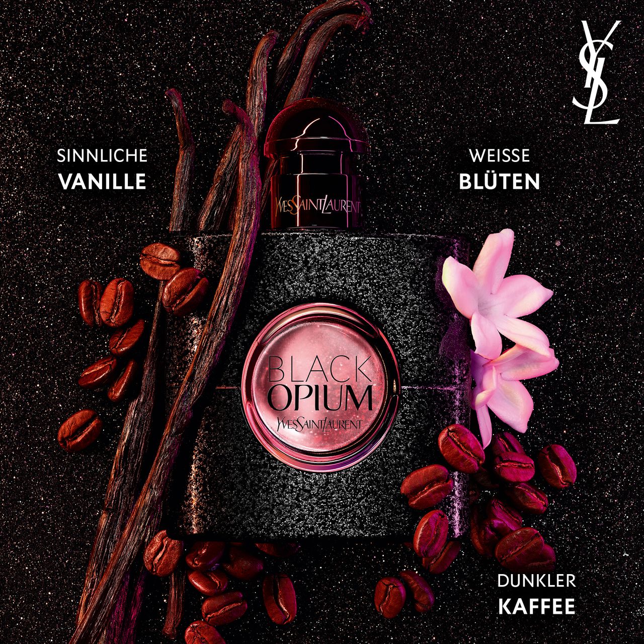 Flacone nero con Black Opium. Chicchi di caffè, baccelli di vaniglia e fiori bianchi. Logo YSL.
