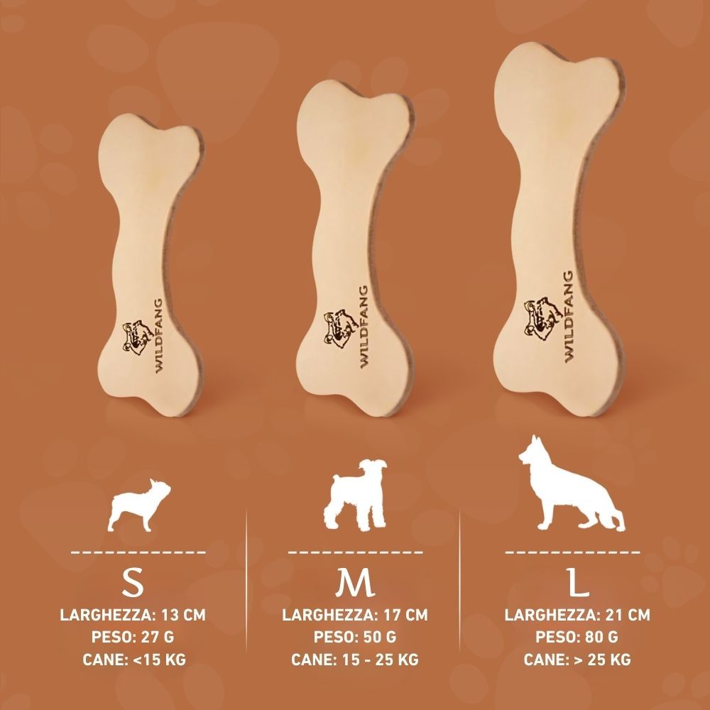 Tre ossi di pelle di diverse dimensioni. Taglie S, M, L. Testo: WILDFANG. Informazioni sulle taglie per cani.