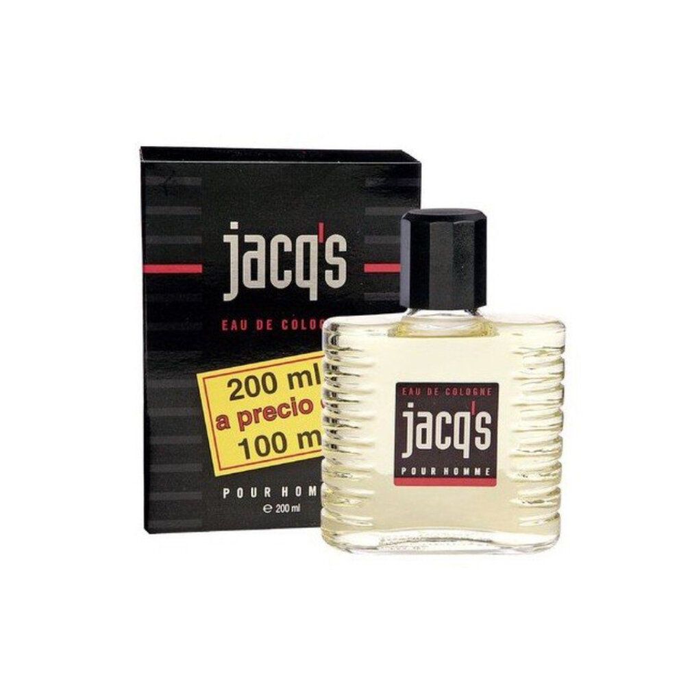 Flacone e scatola di Eau de Cologne. Scatola nera con testo rosso. Flacone con tappo grigio.