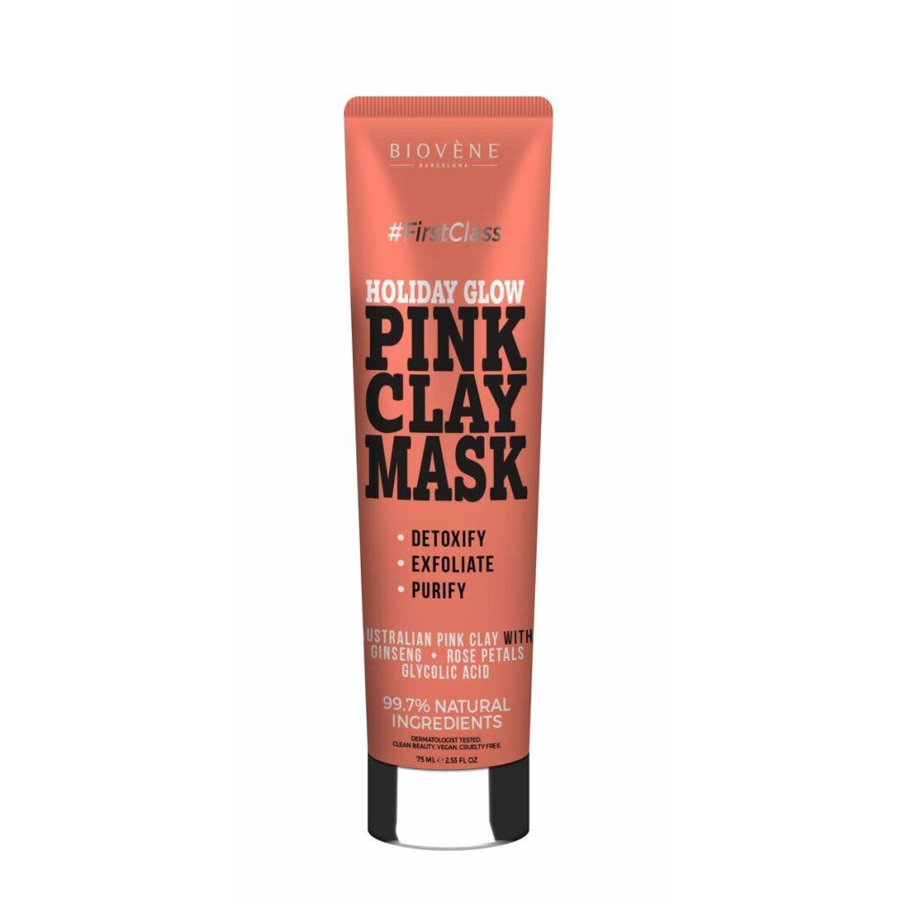 Tubo color corallo con stampa nera. Il marchio Biovene è stampato in alto. Contiene la scritta Pink Clay Mask.