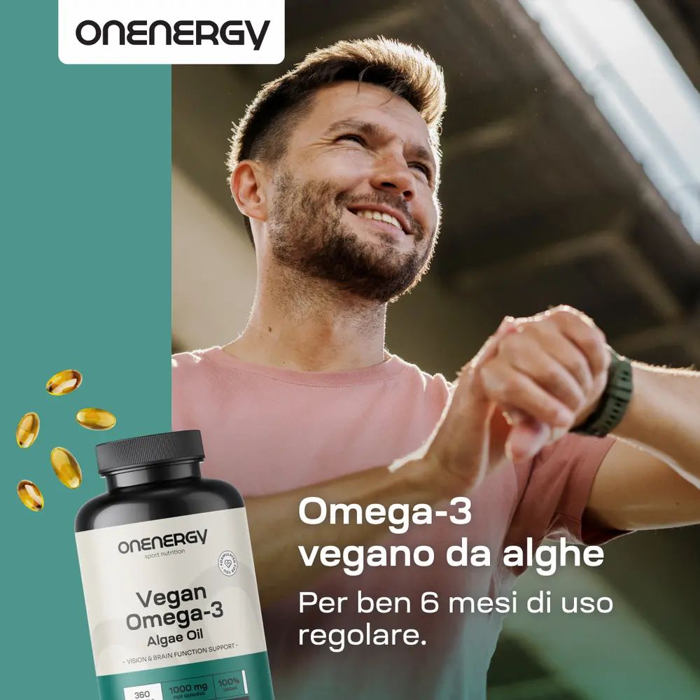 Uomo con flacone di OnEnergy Vegan Omega-3 da alghe, 360 capsule. "Omega-3 vegano da alghe".