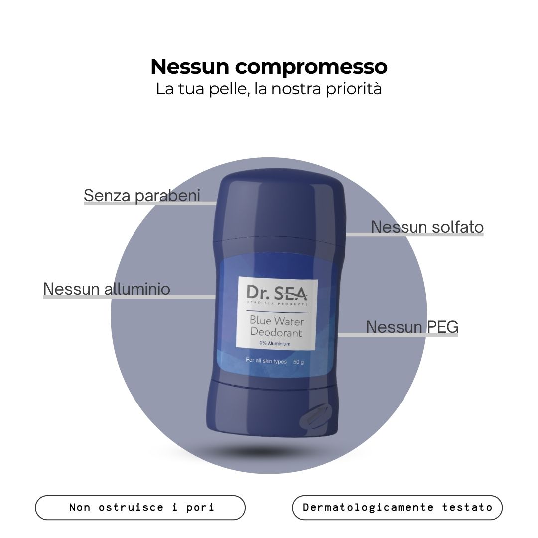 Stick deodorante blu. Testo: Nessun compromesso. Senza parabeni, alluminio, solfati, PEG. Non ostruisce i pori. Testato.