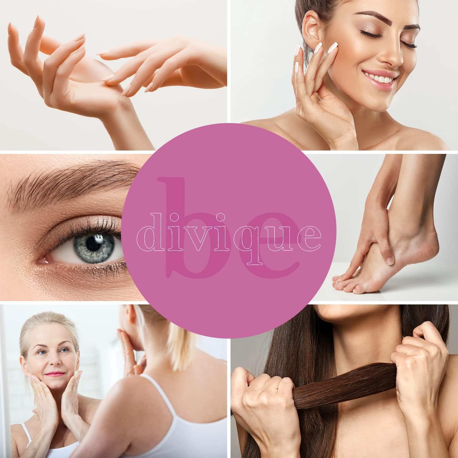 Collage di immagini di pelle, occhio, mano, piede, donna. Logo: divique. Focus su pelle, capelli, viso.