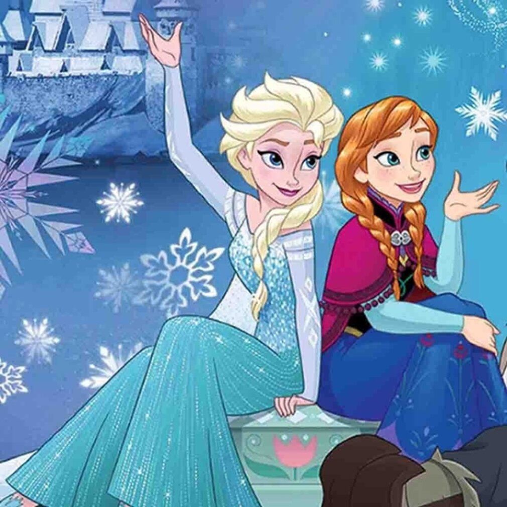 Dettaglio di un puzzle Disney Frozen. Elsa e Anna sedute vicine. Fiocchi di neve e castello sullo sfondo.