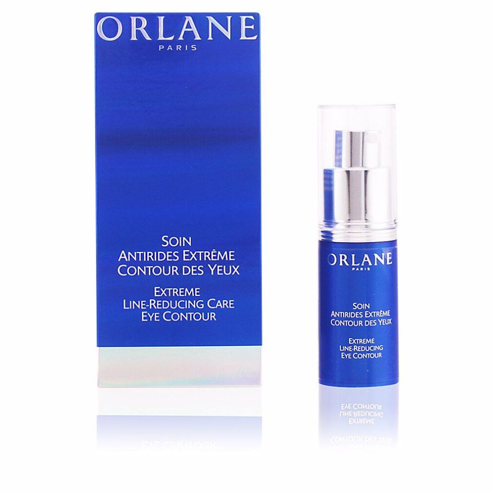 Flacone blu con applicatore argentato e scatola. Scritta: ORLANE PARIS, Extreme Line Reducing Care Eye Contour.