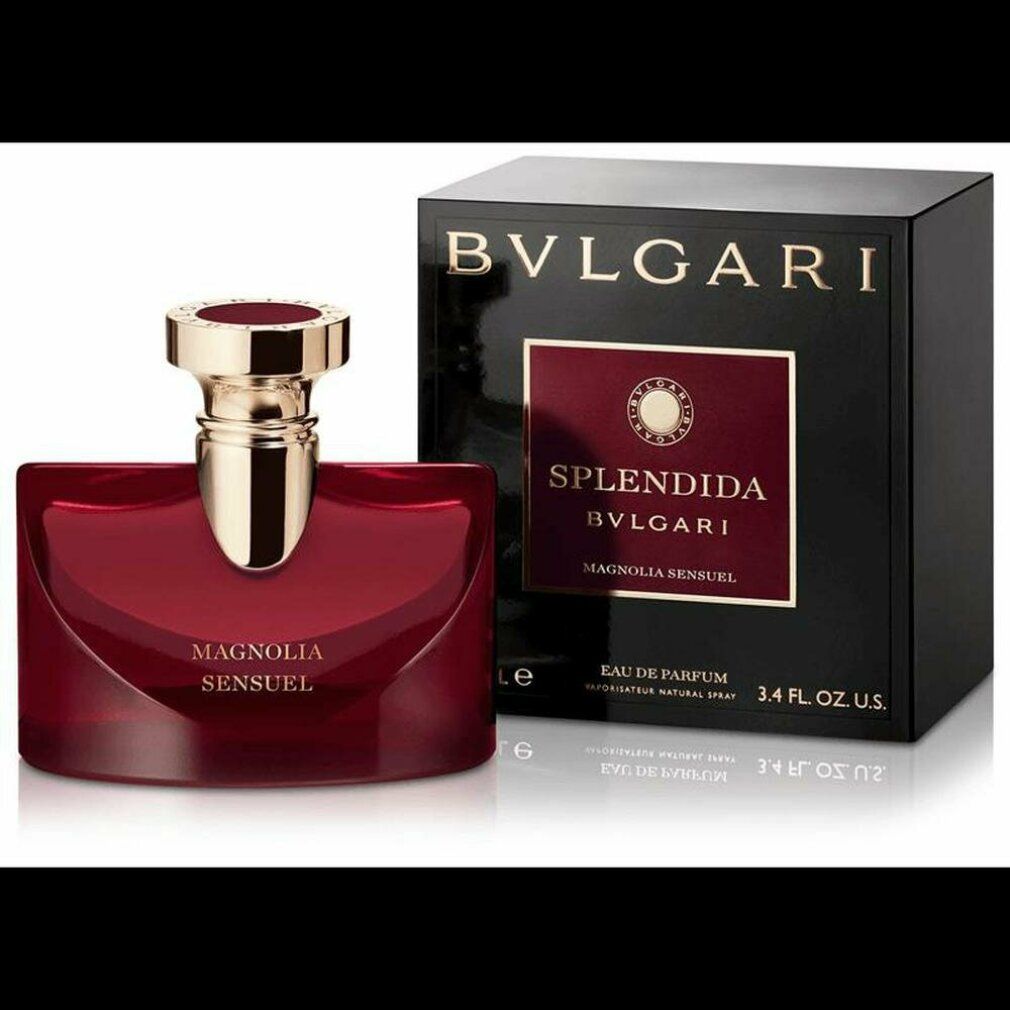 Flacone rosso e scatola nera Bvlgari. Flacone con tappo dorato. Scritta: Magnolia Sensuel, Eau de Parfum.