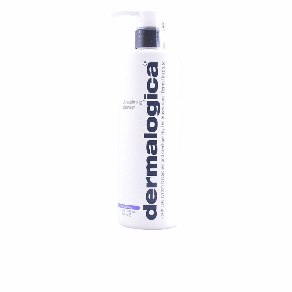 Flacone bianco con dosatore. Scritta: Dermalogica, UltraCalming Cleanser. Striscia viola in basso.