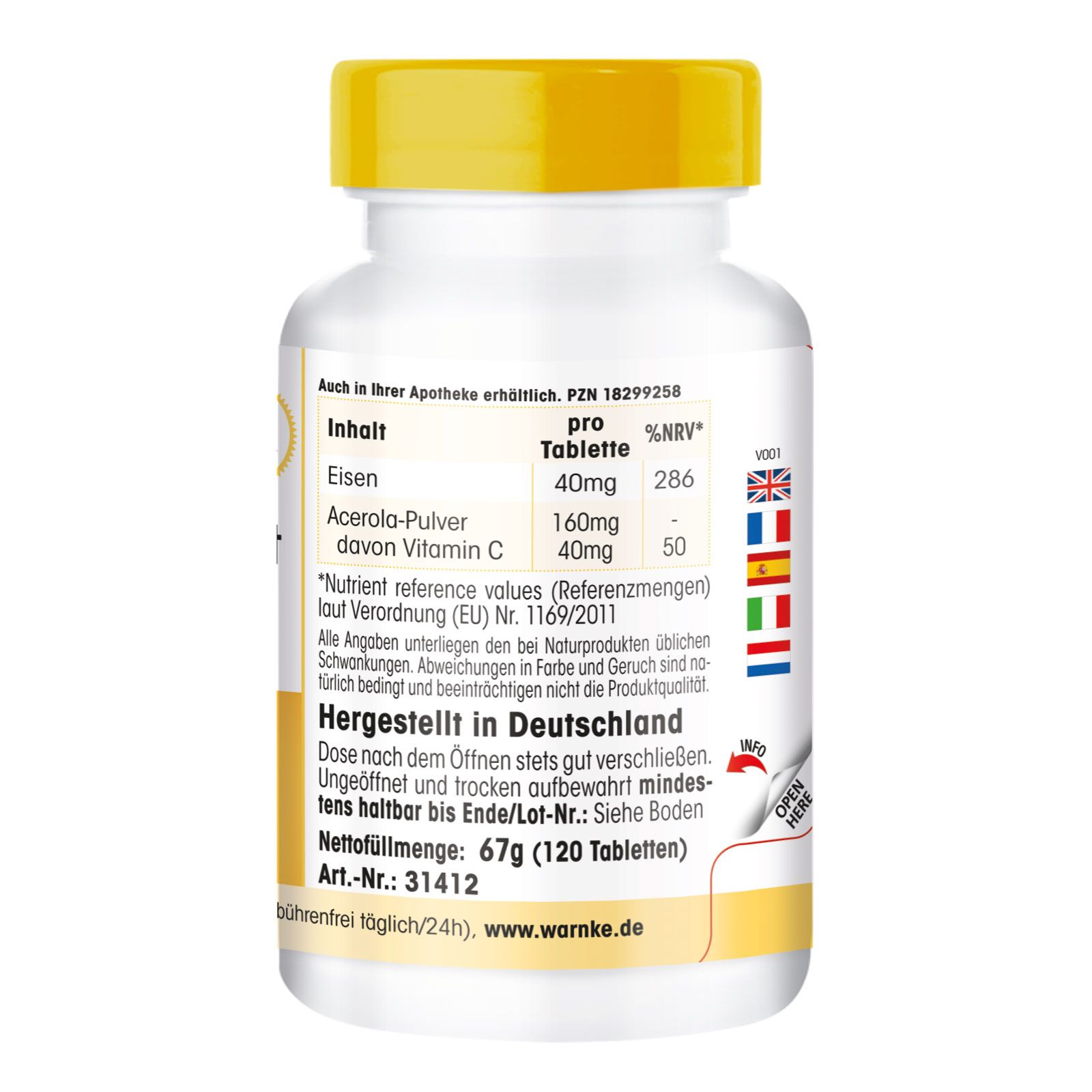Retro del flacone di pillole. Testo: Contenuto, informazioni nutrizionali, Prodotto in Germania. Peso netto: 67g (120 compresse).