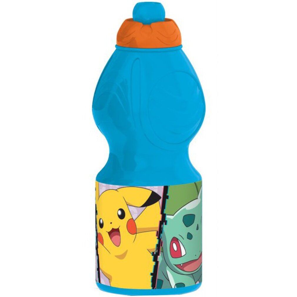 Borraccia blu con tappo arancione. Stampa di personaggi Pokémon: Pikachu e Bulbasaur.